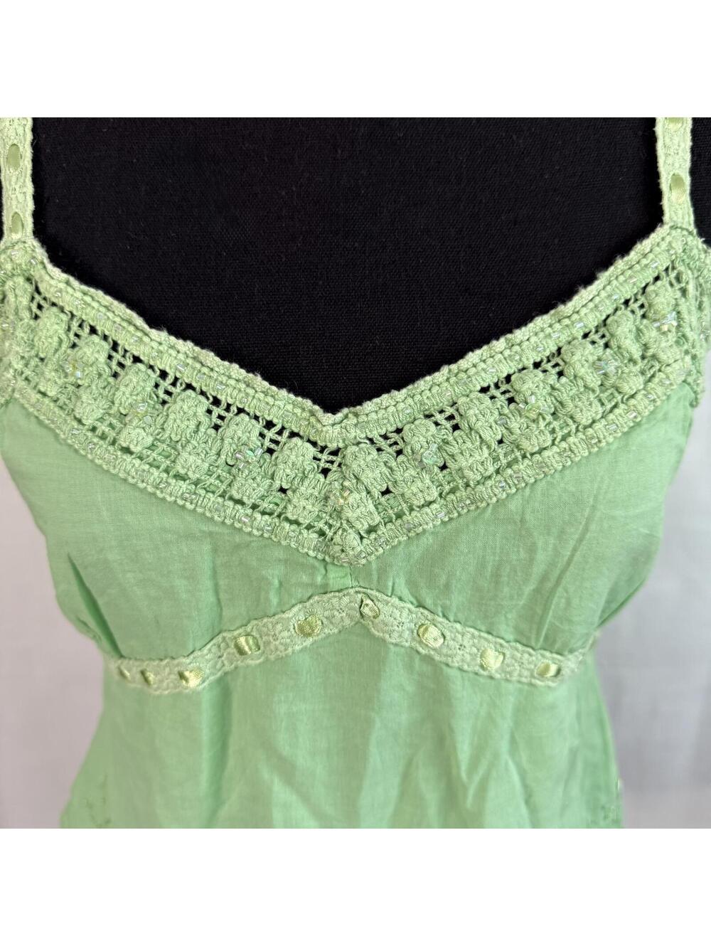 Fairy Tank Top L Light Green Crocheted Beaded Ribbon Y2K Fairycore Boho Shirt - Picture 4 of 9